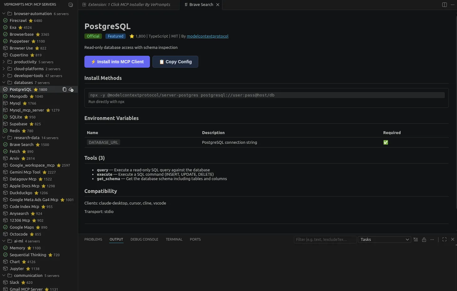 1 Click MCP Installer install prompt showing client selection and env vars