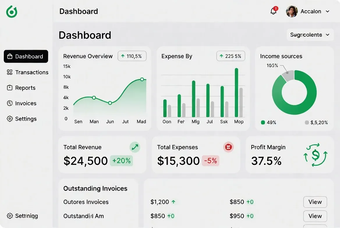 Small business accounting software with financial charts and invoices