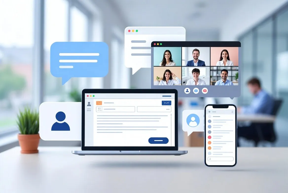 Team communication tools including email, video calls, and messaging platforms