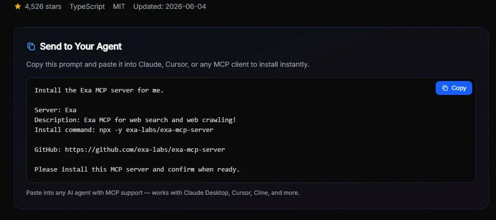 VePrompts MCP server detail page showing GitHub avatar, install commands, and compatibility badges