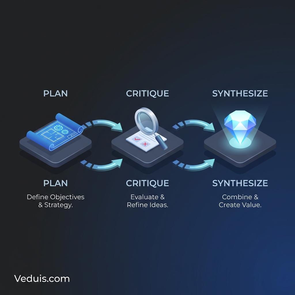 Infographic showing the flow from Planning to Critiquing to Synthesizing using Claude prompts