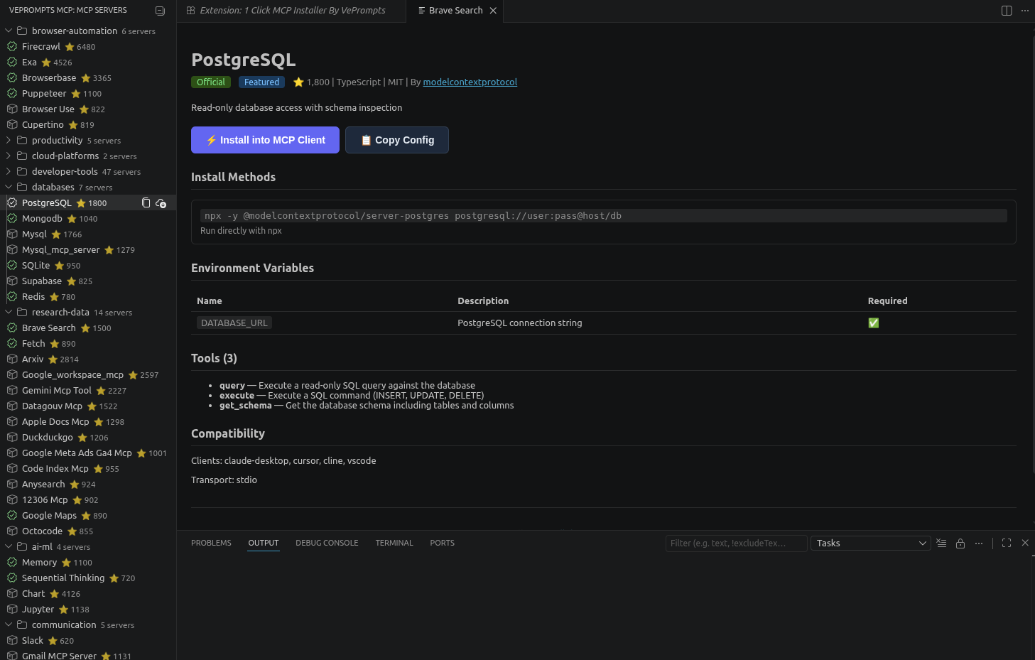 1 Click MCP Installer install prompt showing client selection and env vars
