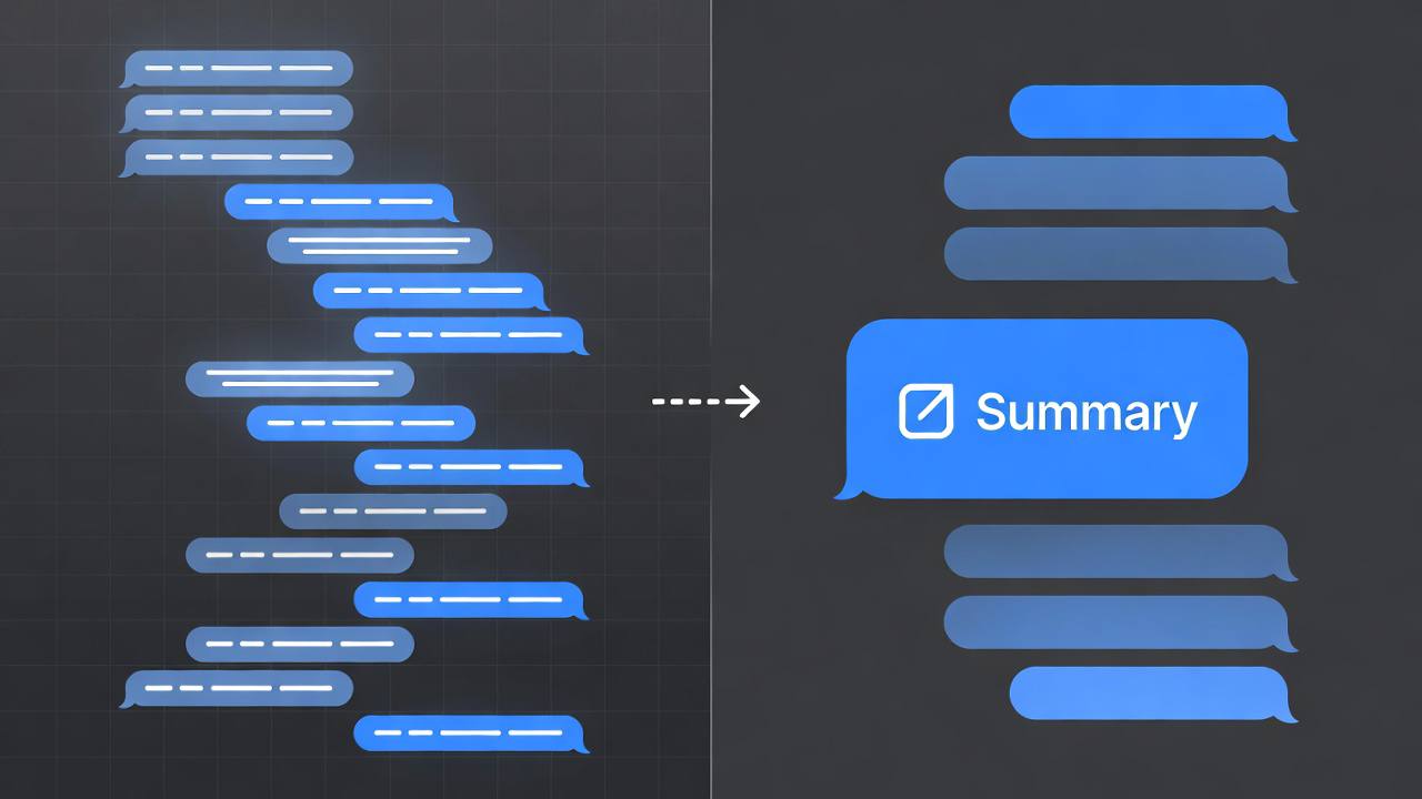 Context window compression showing conversation history being summarized into a single summary bubble while recent messages remain full size