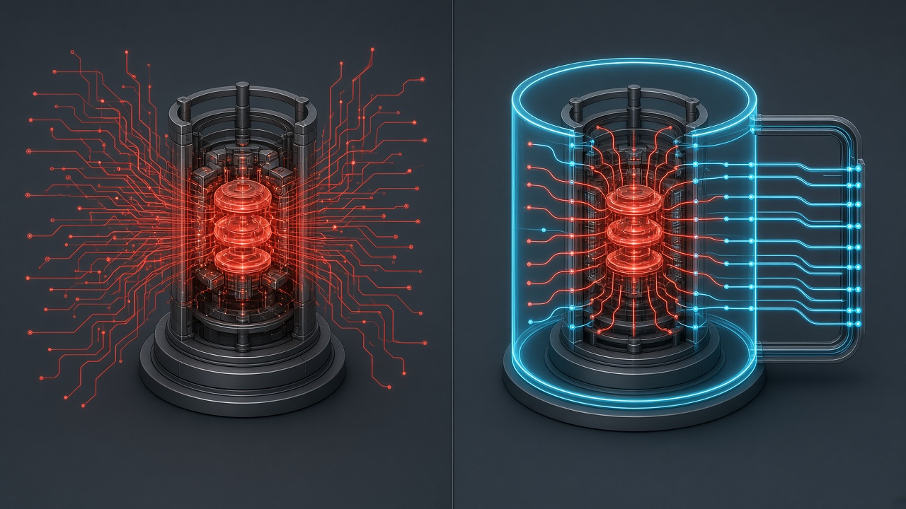 Technical comparison of an unguarded model core beside an isolated model enclosed in a policy ring