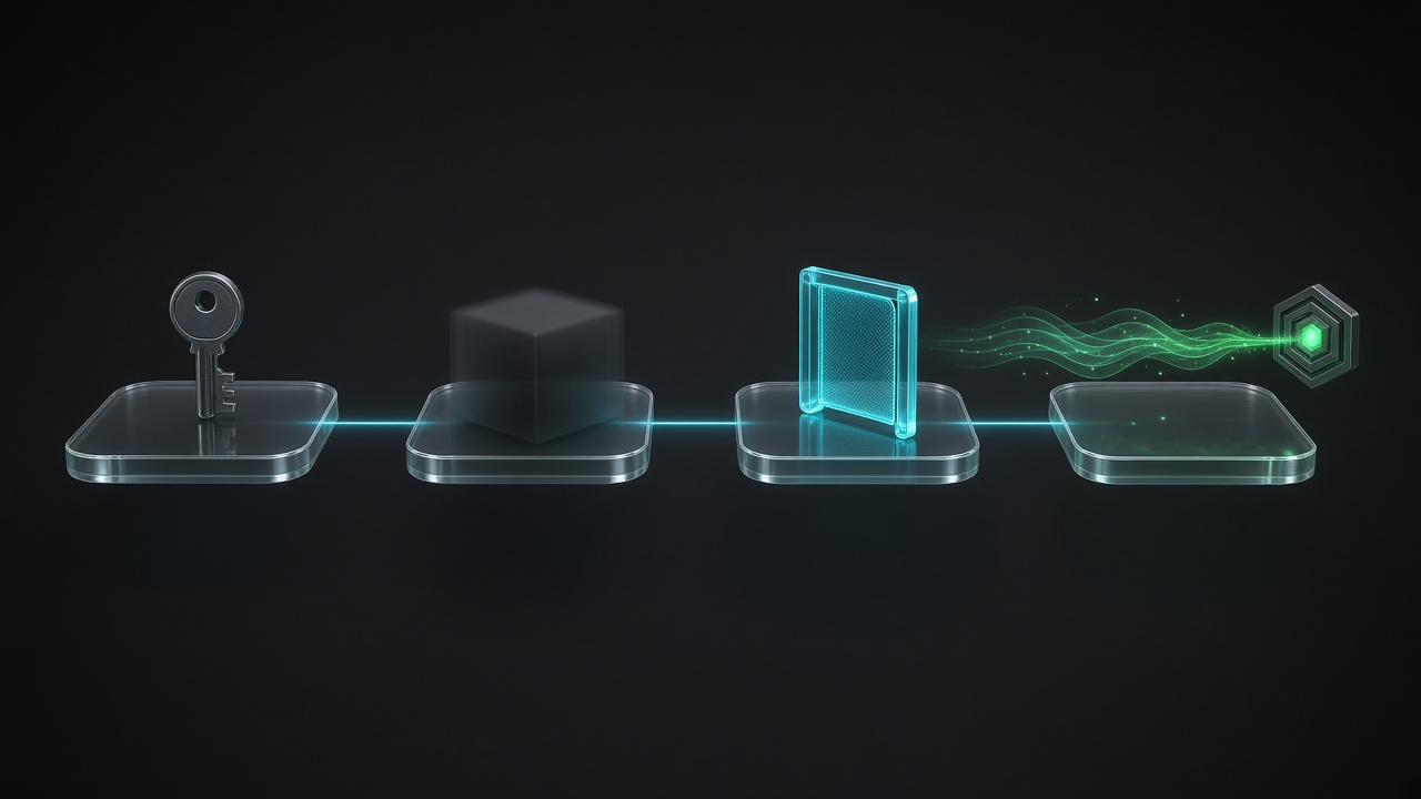 Four stages from a scoped key through a shadow copy, a filter, and an audit pulse