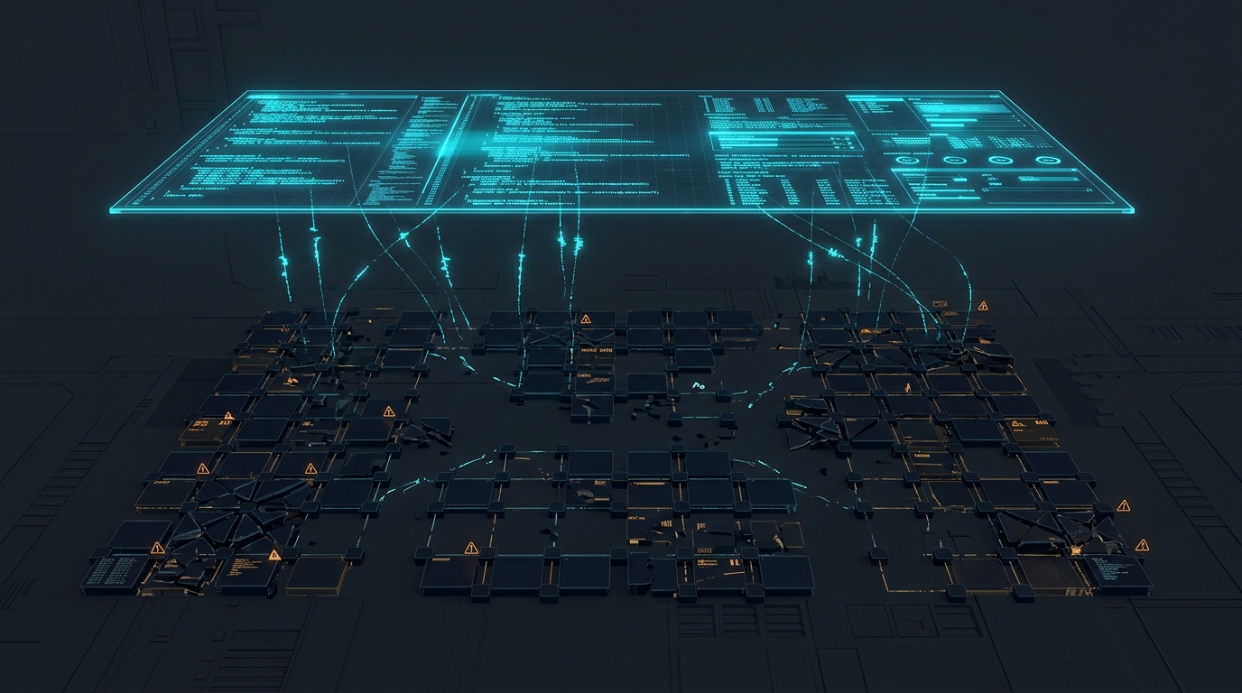 Decoupled client script floating as a cosmetic layer above an unlinked fractured database grid, no text labels
