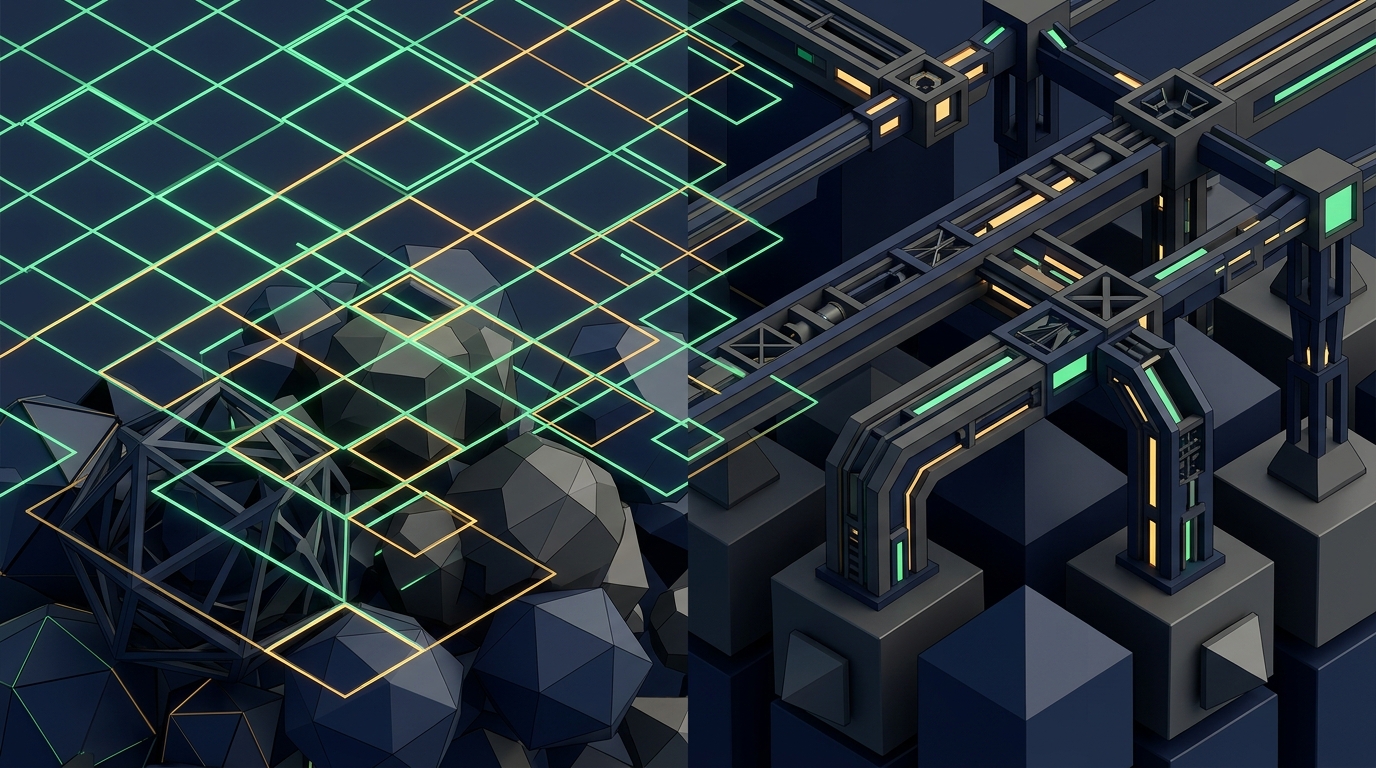 Abstract comparison between shallow automated scanning grids and deep structural audit layers anchored in clean foundations, no text labels
