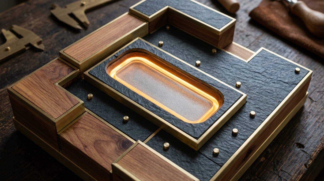 Physical architectural scale model illustrating input field structure and focus rings, no text labels