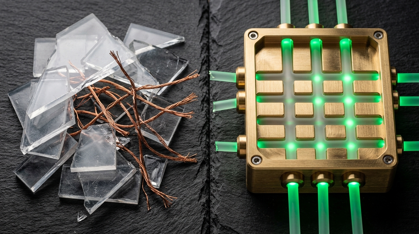 Side-by-side physical comparison of broken inaccessible inputs versus precision-machined brass junction box, no text labels