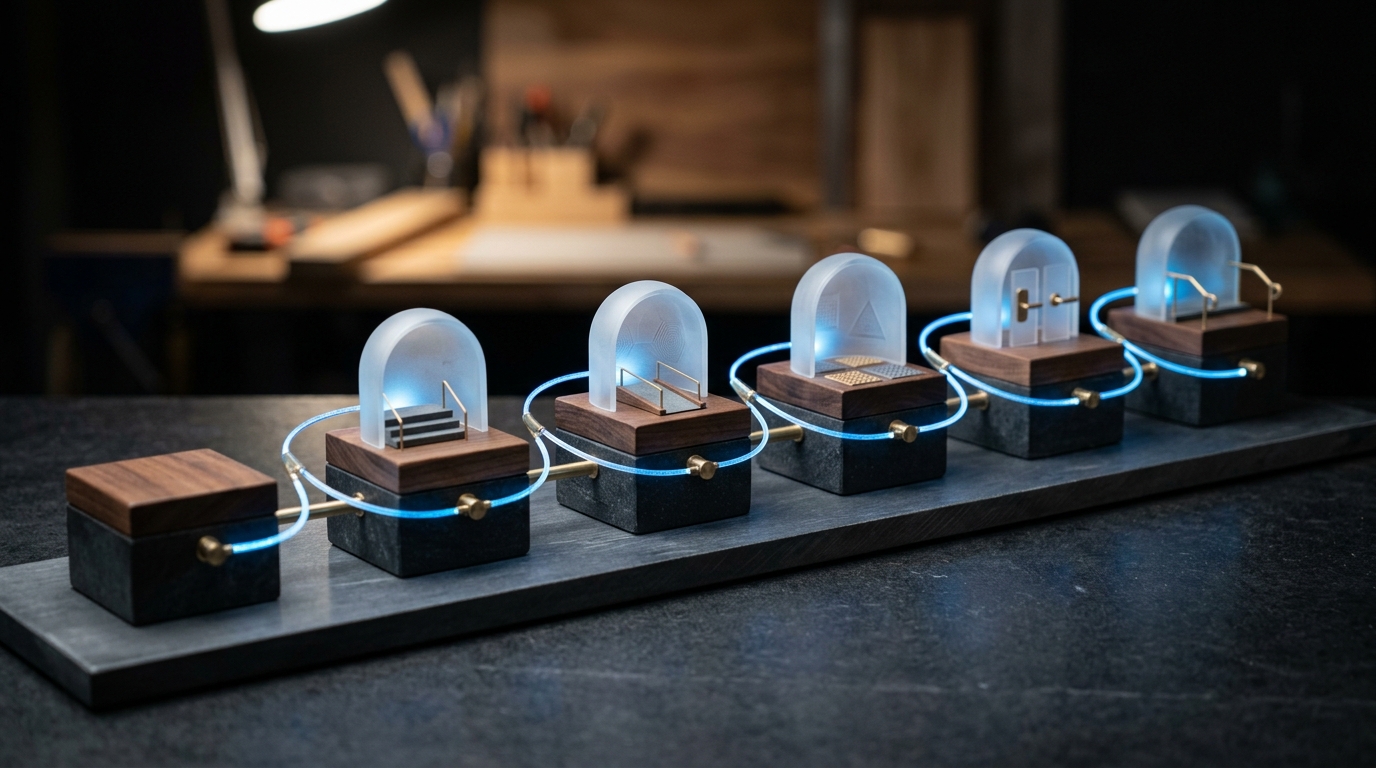 Linear sequence of physical miniature test pedestals demonstrating screen reader audit checkpoints, no text labels