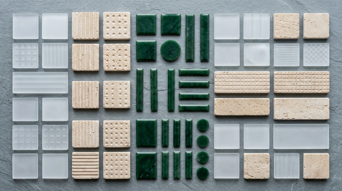 Top-down architectural knolling photograph of tactile focus containment tiles and emerald jade alignment indicators arranged on sandblasted gray stone