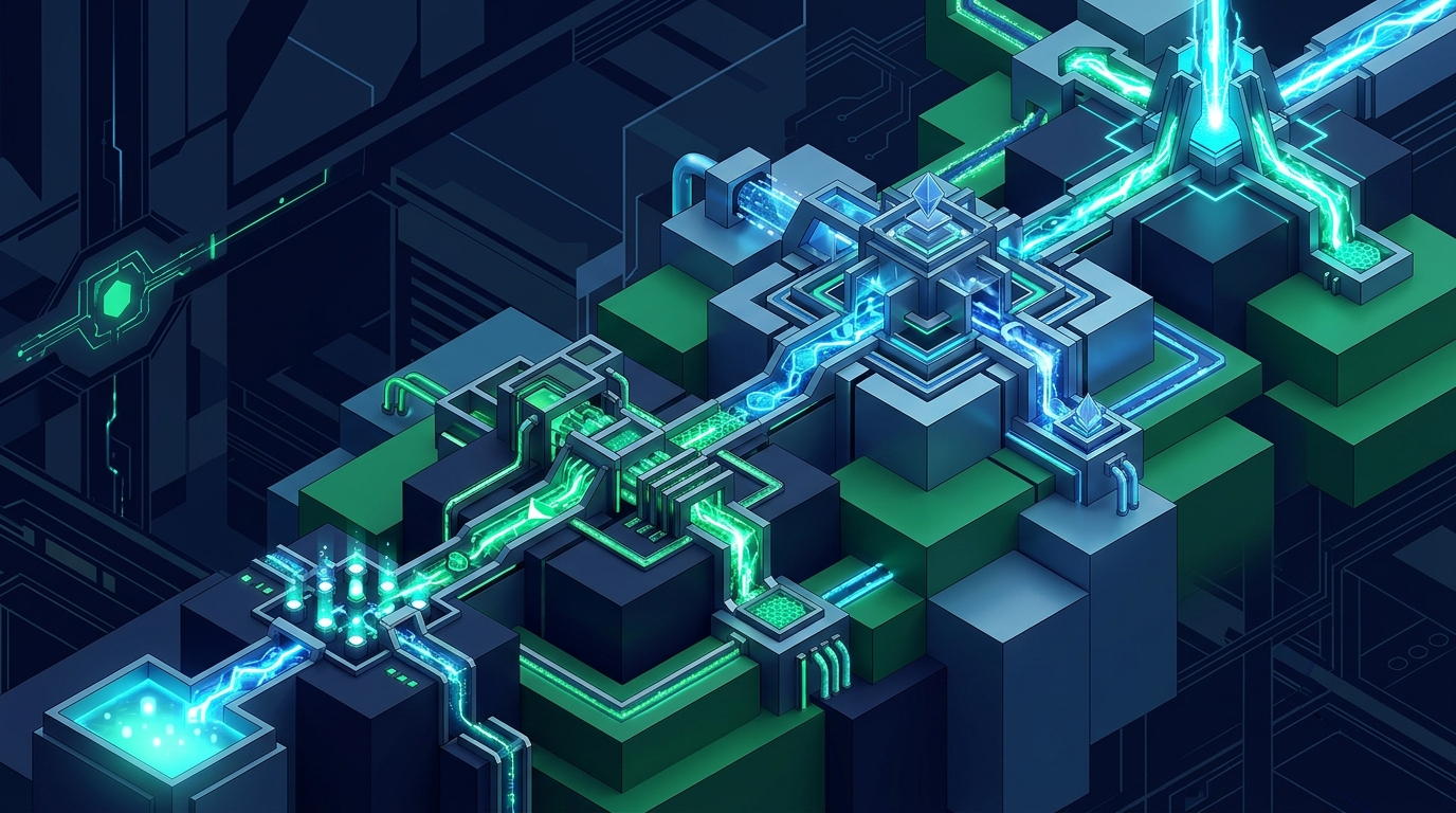Abstract digital isometric flow showing a multi-stage procedural defense pipeline