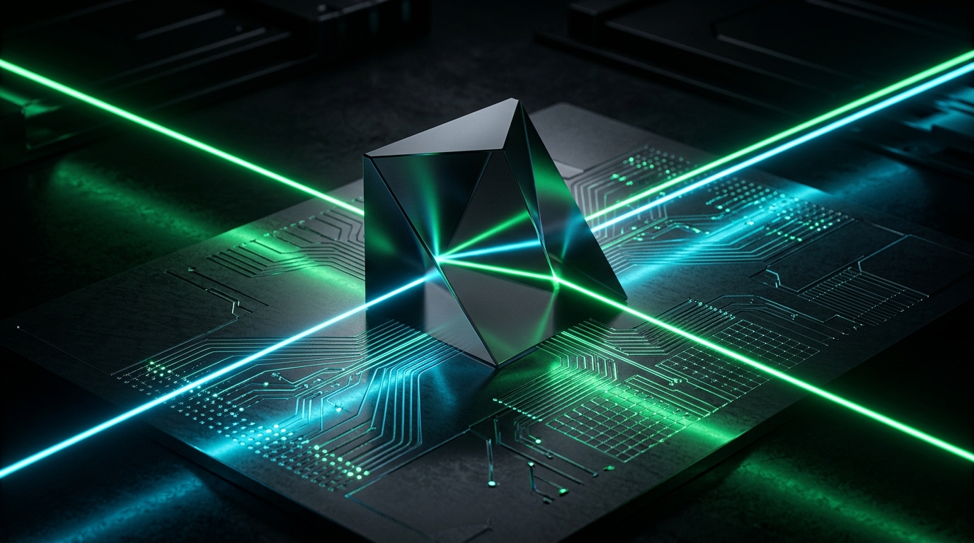 Abstract studio photograph of a precision laser prism refracting an electric cyan beam across a matte graphite surface with smoked glass elements, no text labels