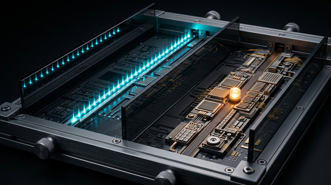 Side-by-side abstract comparison of two illuminated data pathways, one orderly electric cyan channel and one fragmented warm amber channel crossing a dark silicon surface, no text labels
