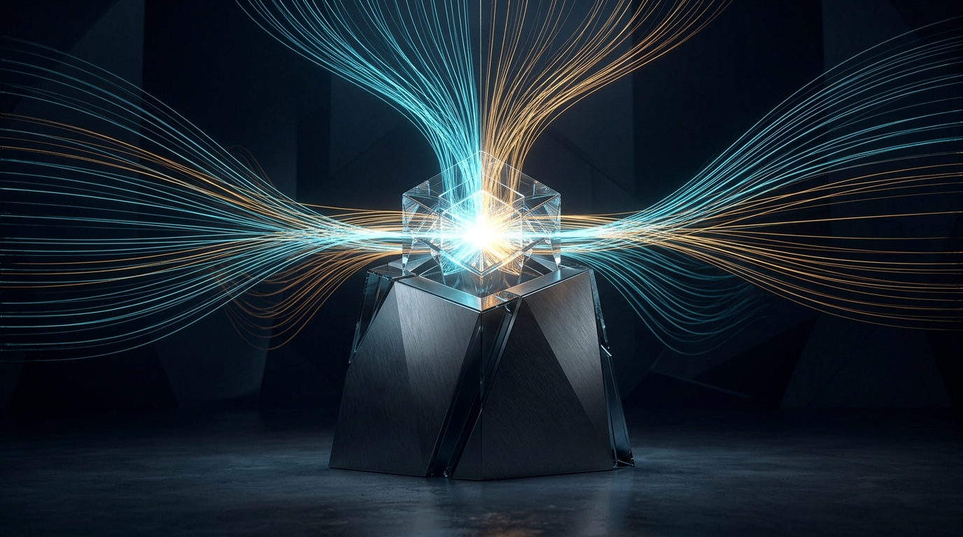 Abstract studio photograph of illuminated data channels converging into a single warm amber point of light above a precision aluminum base, suggesting measured return on effort, no text labels