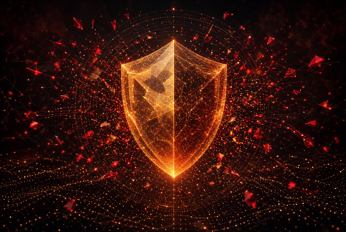 Abstract artwork representing a digital security shield filtering anomalous data points