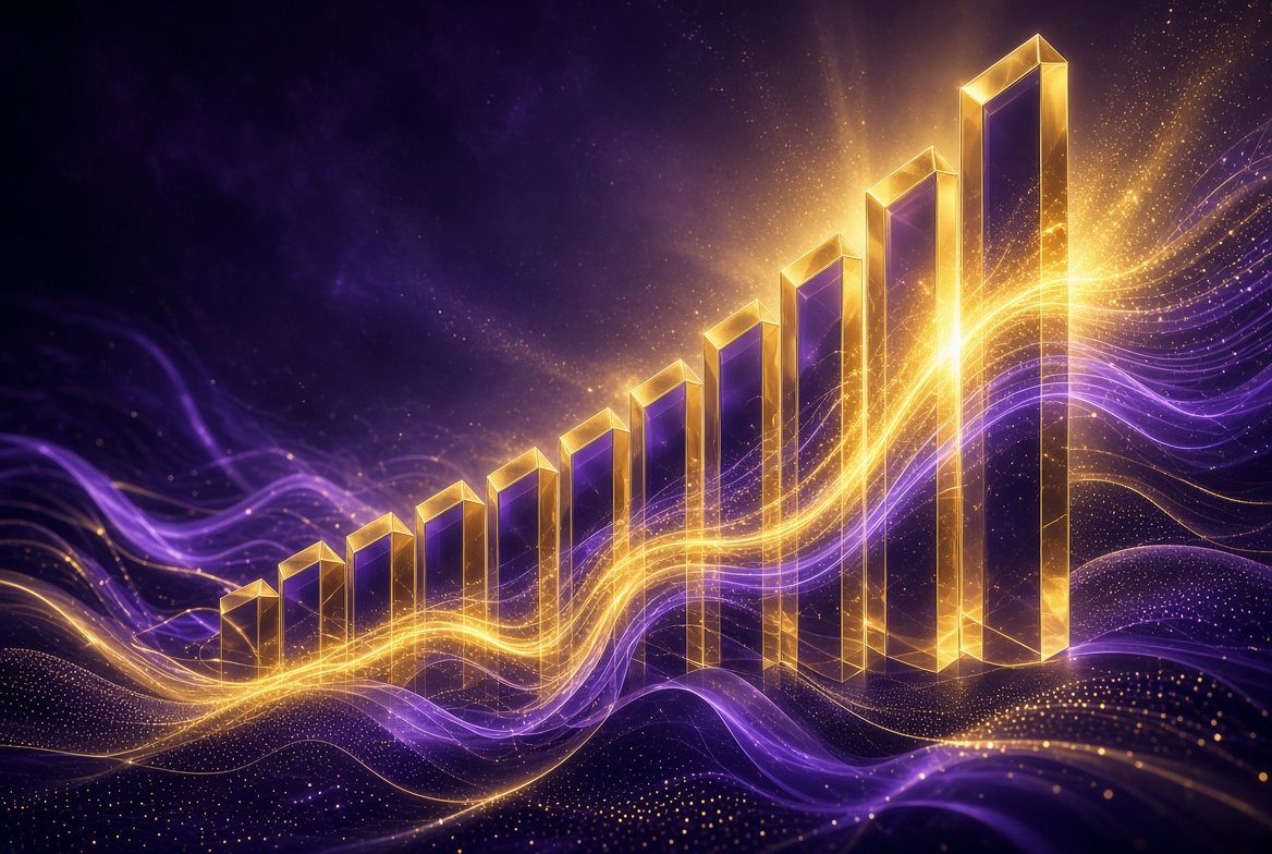 Abstract upward trending visualization composed of glowing geometric bars and ascending energy waves