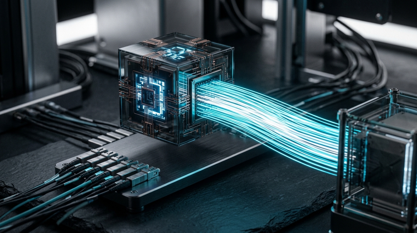 Studio photograph of a structured data packet transferring between two systems with fiber optic light trails