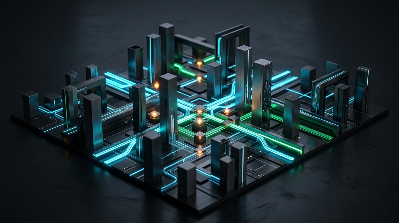 Abstract rendering of a routing console with channels and metrics displayed as illuminated architectural structures