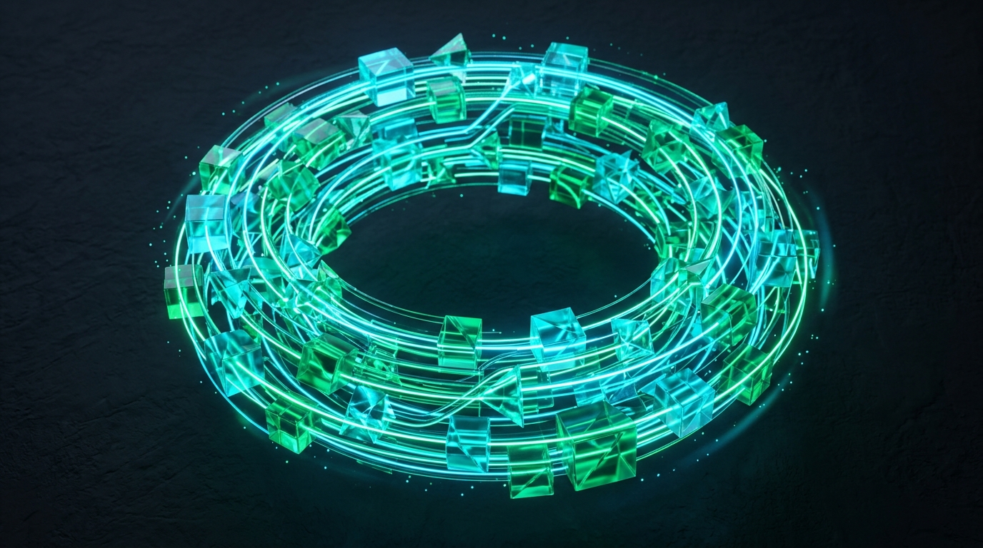 Abstract 3D geometric ring circuit representing continuous telemetry data cycles and processor modules