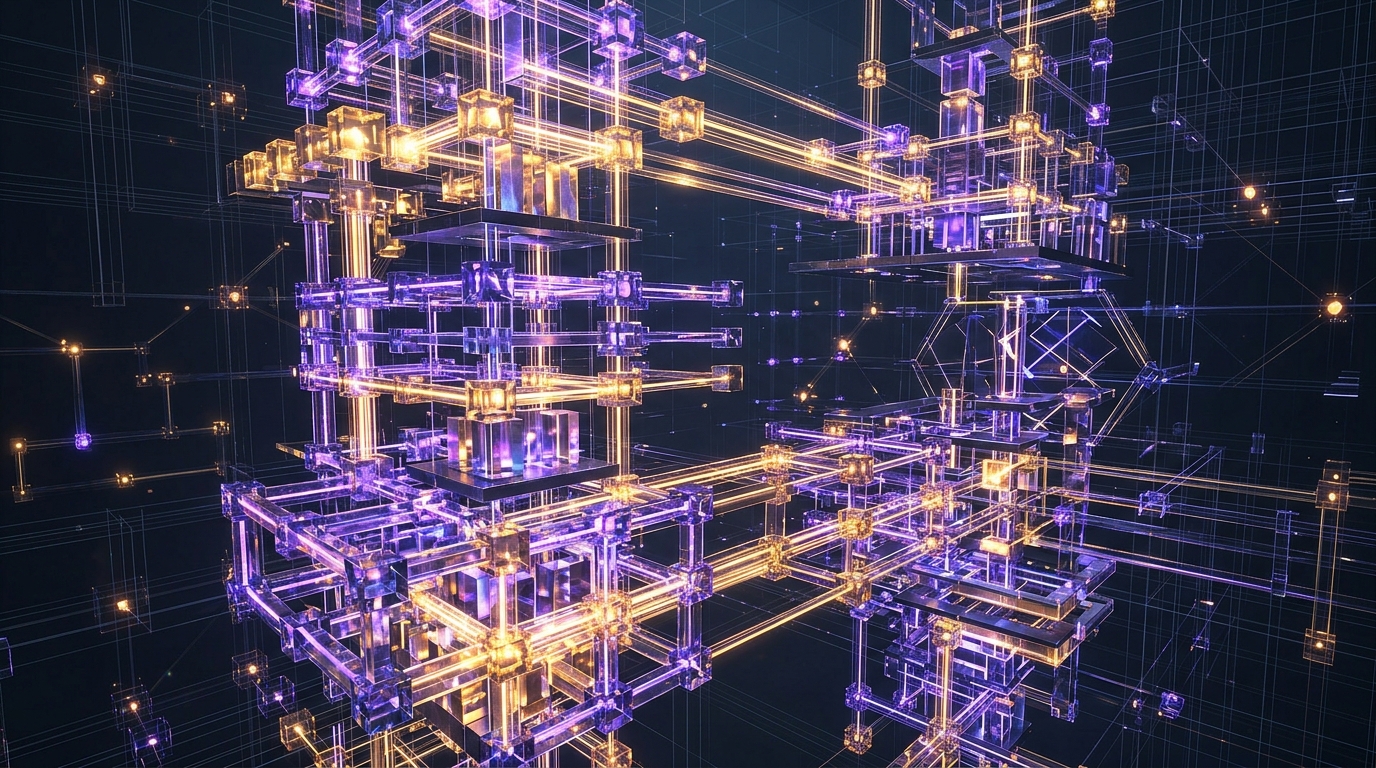 Abstract 3D architectural matrix showing multi-tiered modular framework nodes and glowing conduits