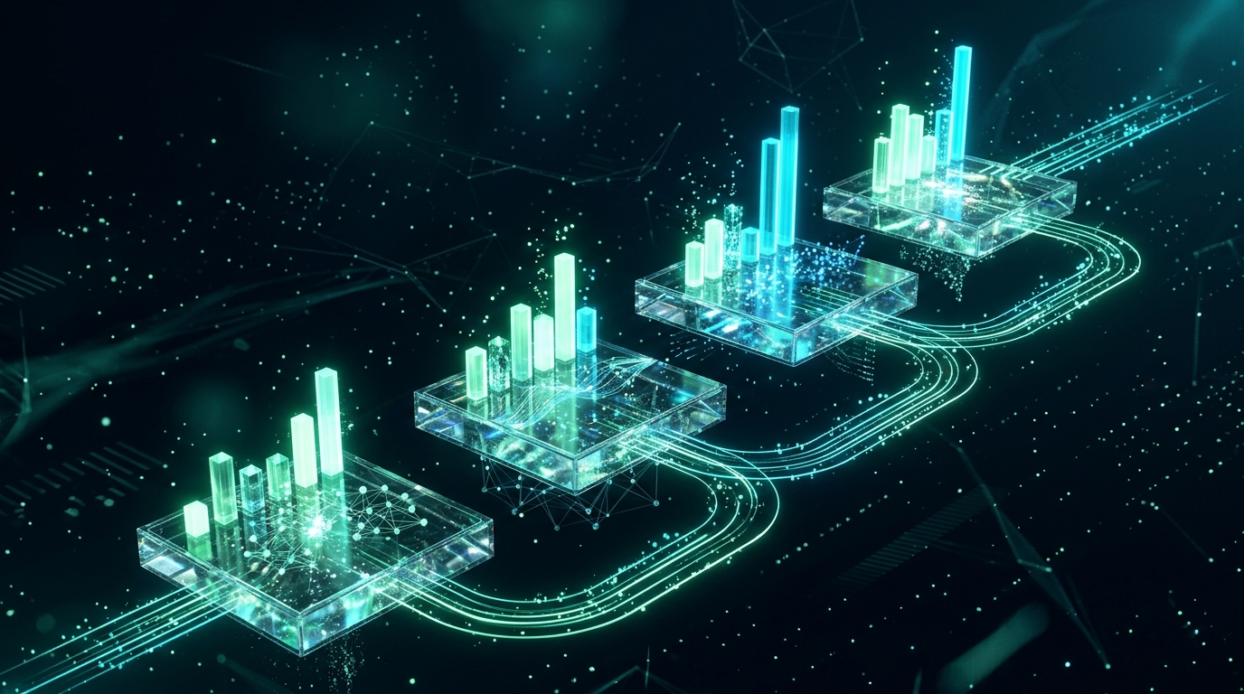Abstract 3D telemetry visualization of staged software deployment milestones and rising metric bars