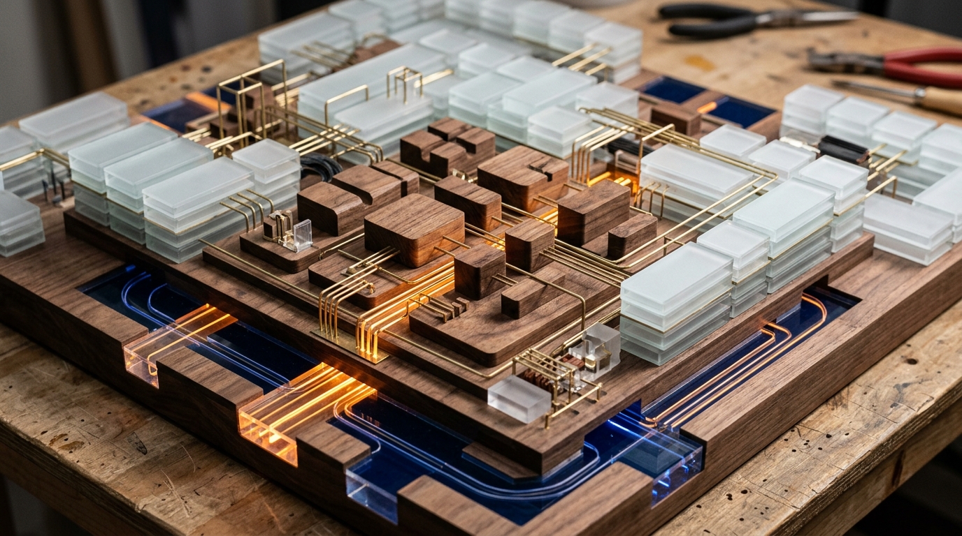 Tactile architectural scale model illustrating agent configuration routing across multi-tiered platform layers, no text labels