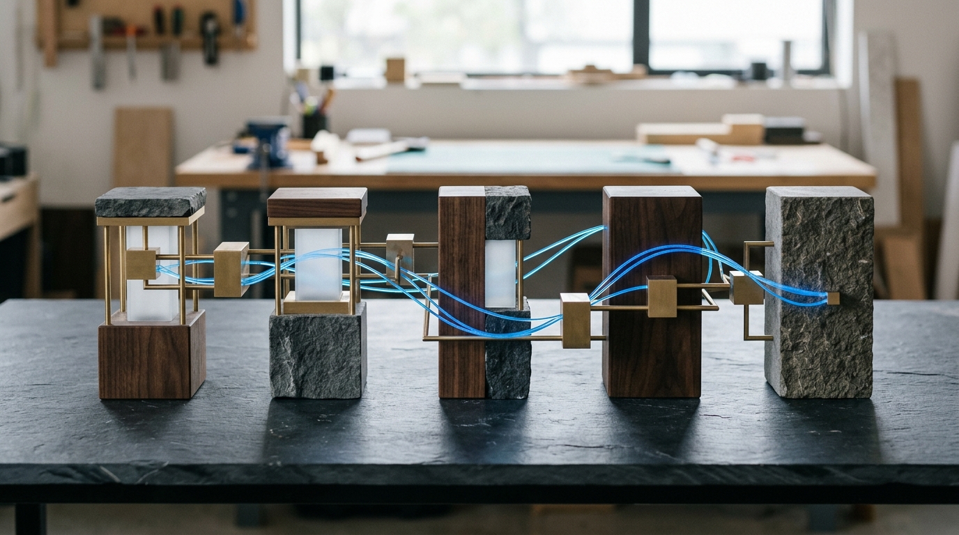 Tactile architectural sequence showing clean modular stages in a configuration pipeline, no text labels