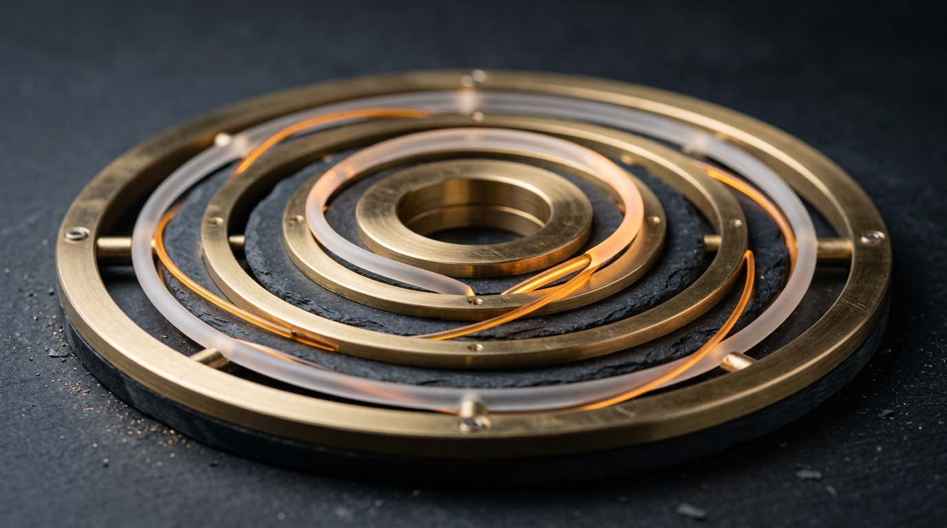 Concentric polished brass rings and dark slate containment discs with glowing amber optical fibers representing token budget boundaries, no text labels