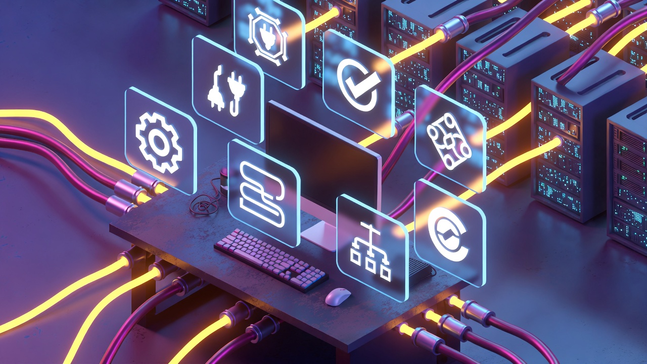 High-tech isometric infographic of a developer's desk transitioning into cloud servers, displaying IDE extensions and CI/CD pipelines