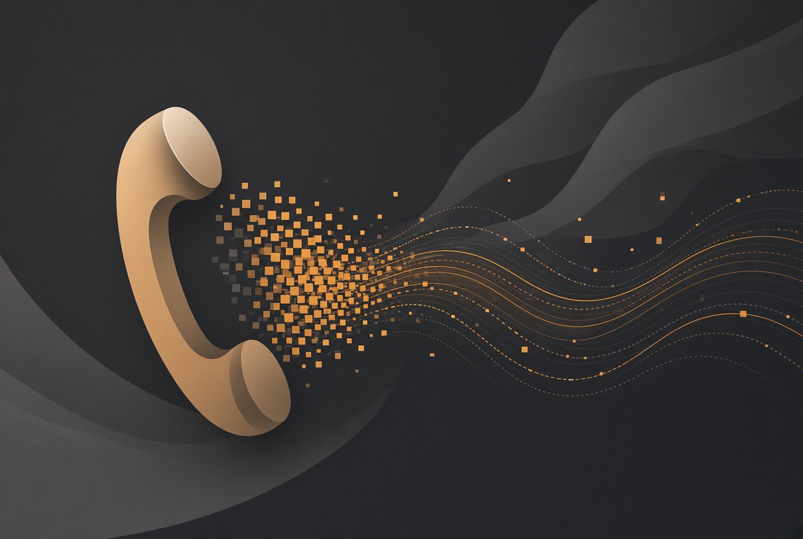 Abstract communication node showing a stylized telephone receiver dissolving into digital data streams in warm amber and charcoal gray