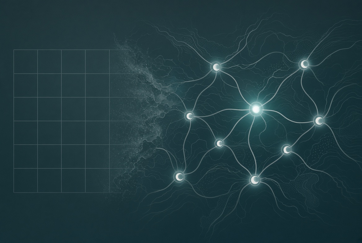 Abstract calendar grid morphing into a geographic route map with interconnected glowing nodes in deep teal and silver