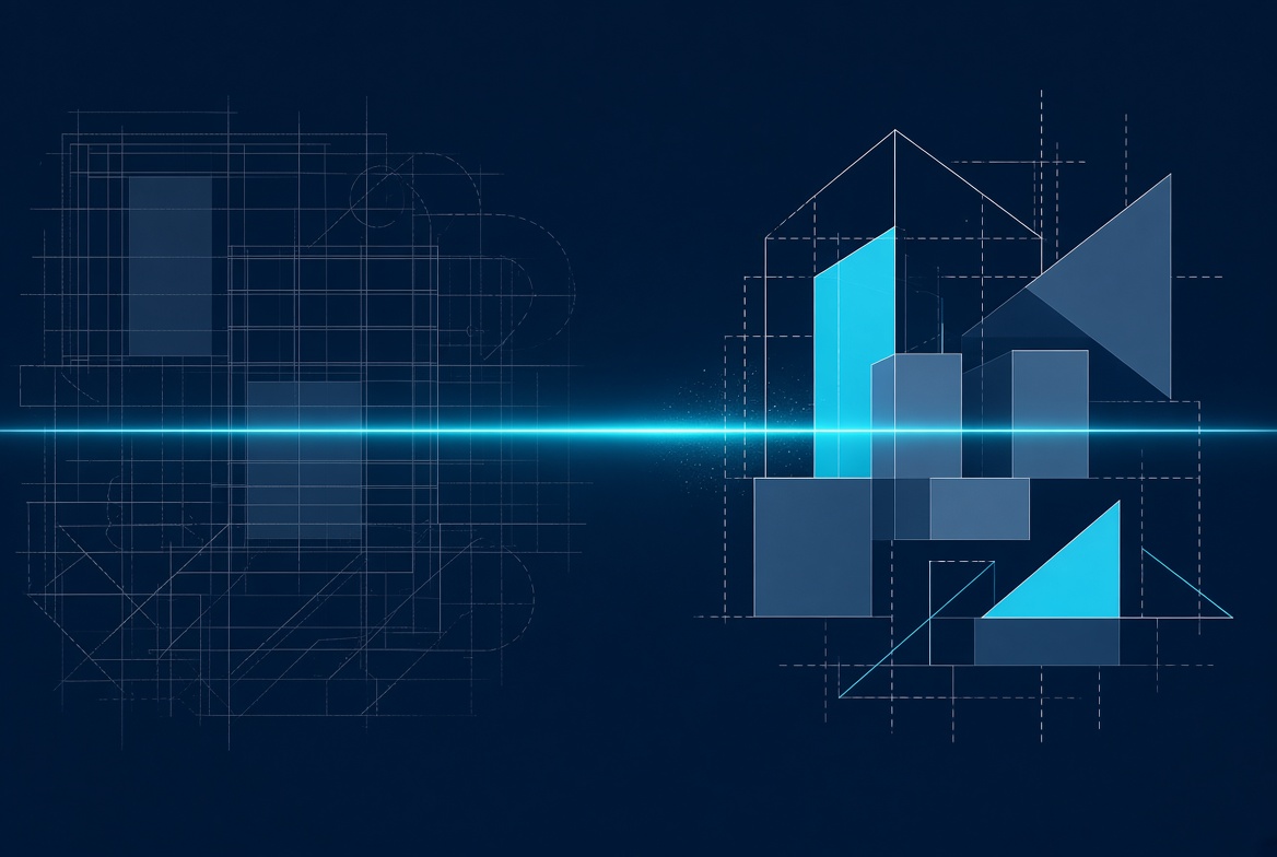 Abstract architectural blueprint being scanned by a horizontal glowing laser line and converting into structured geometric shapes in slate blue and bright cyan