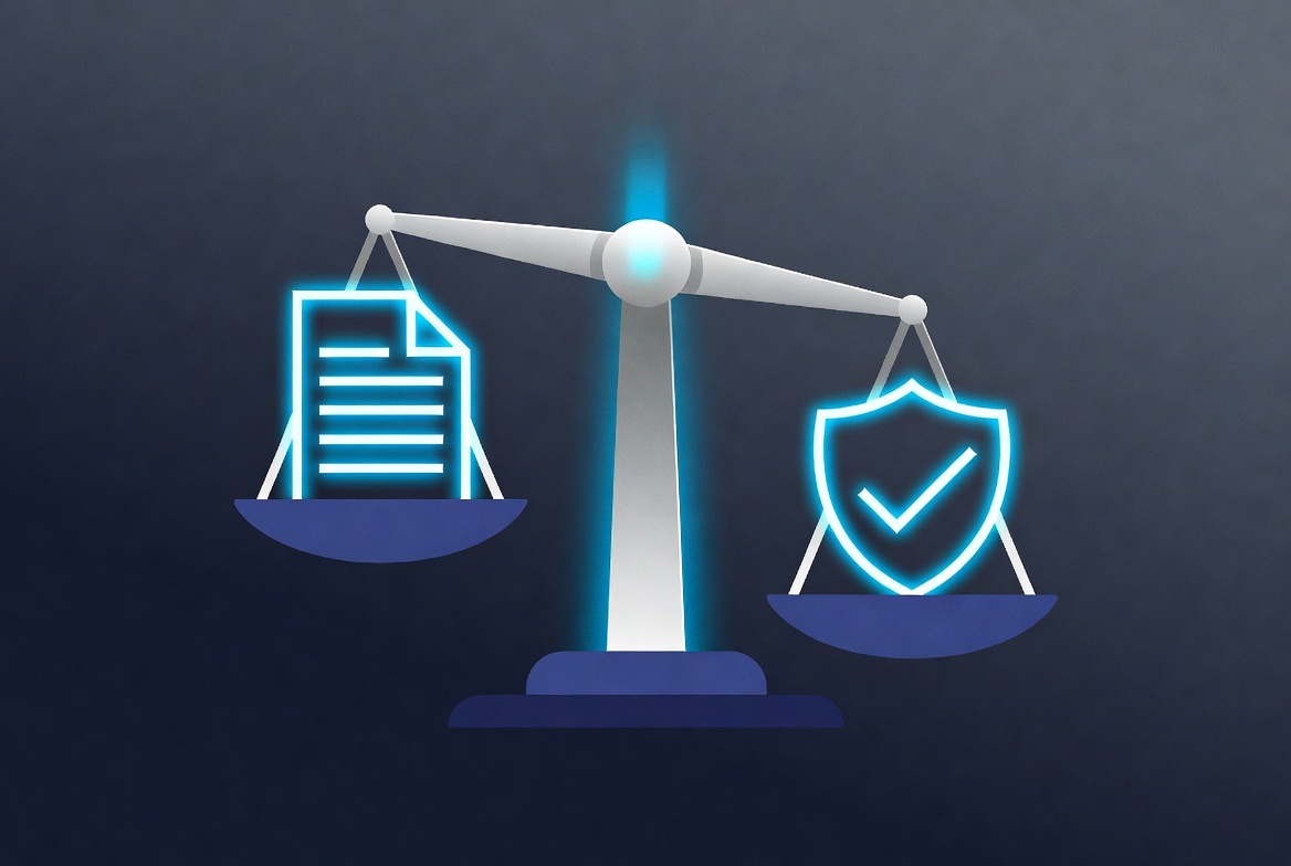 Minimalist graphic of a balance scale evaluating AI output against quality standards