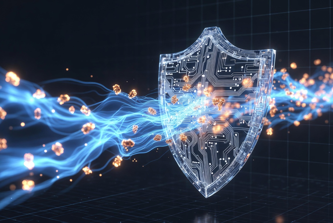 Modern graphic of a digital shield blocking incorrect data particles from passing through