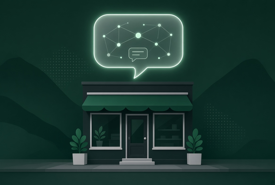 A glowing chat interface bubble hovering over a local storefront illustration, representing AI interacting with a physical business, no text labels