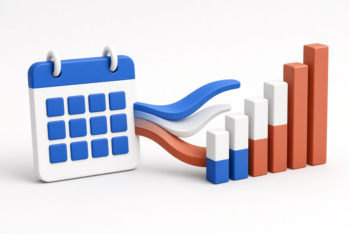 A sleek 30-day calendar icon transforming into a rising bar chart, minimalist 3D rendering, no text labels