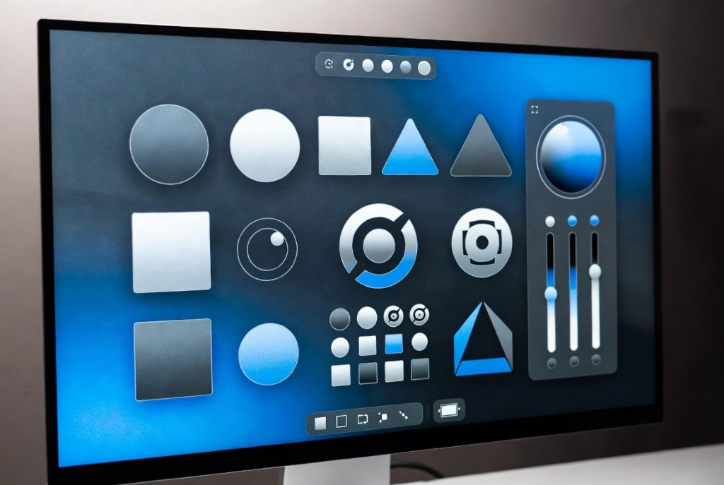 User interface of an AI logo generator showing shape tools, color palettes, and layout adjustments on a dark display