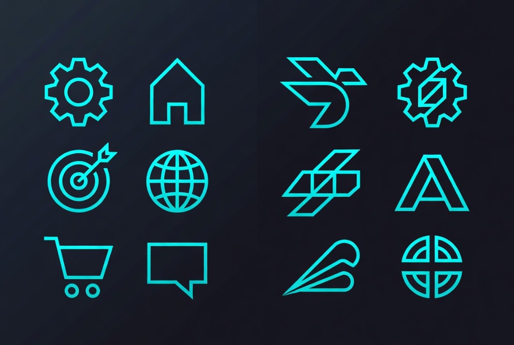 A collection of minimalist geometric icons in cyan lines on a dark background showing clean vector shapes