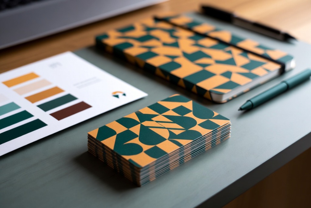 Flat lay of a complete brand identity package showing business cards, notebook, pen, and color palette swatches