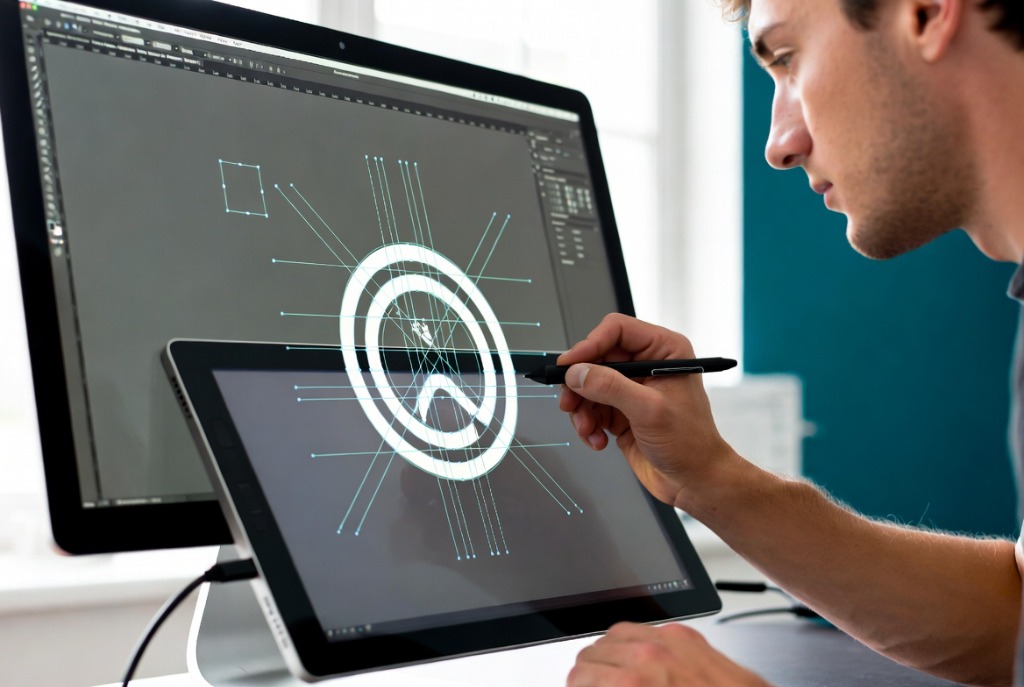 A designer using a graphics tablet and stylus to edit the vector paths of a circular logo on screen