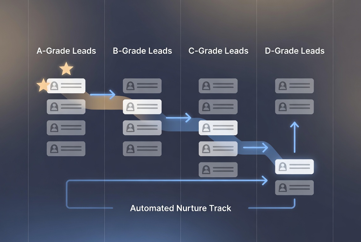 Sales pipeline showing leads sorted by AI score grades from A to D with senior reps receiving the highest scored leads first