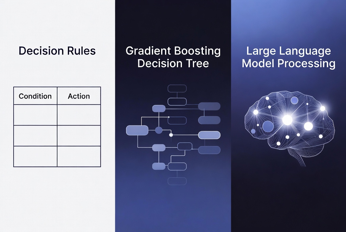Comparison of three lead scoring approaches: rule-based scoring table, gradient boosting model diagram, and LLM enrichment workflow