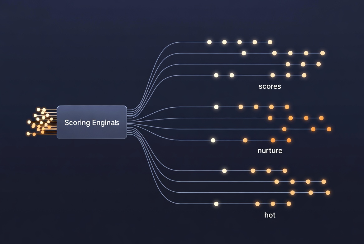 CRM workflow diagram showing lead signals flowing into a scoring engine and updated scores routing leads to hot, warm, or nurture pipeline stages