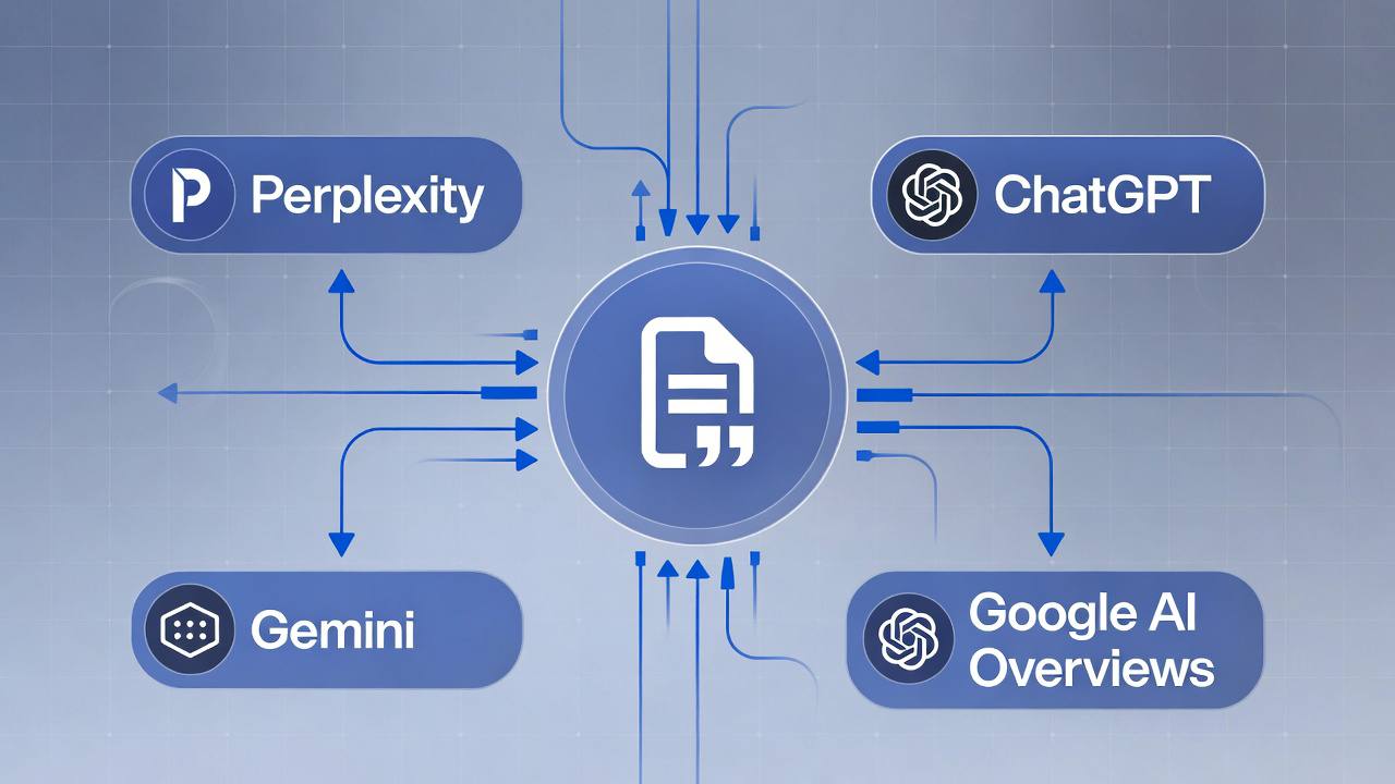 Diagram showing a content source cited by Perplexity, ChatGPT Search, Gemini, and Google AI Overviews