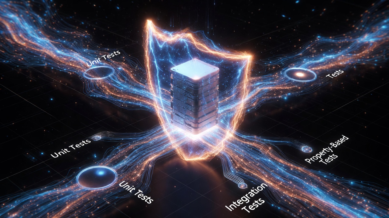 Sleek infographic displaying test coverage branching paths of Unit Tests, Integration Tests, and Property-Based Tests wrapping around core code