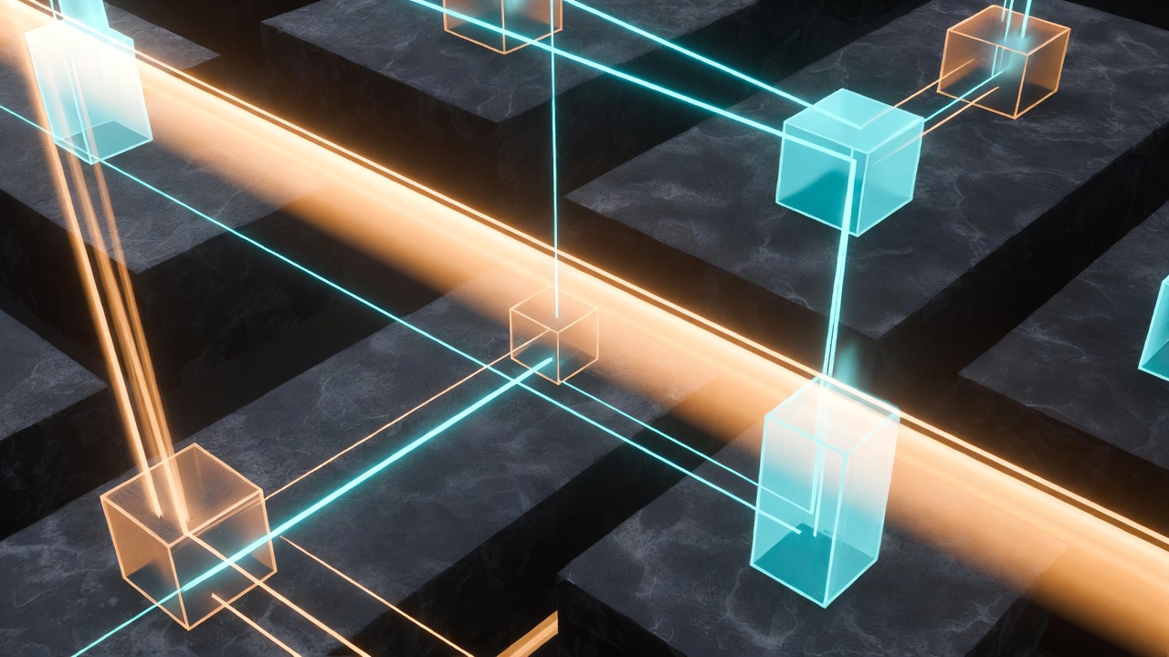 Abstract visual architecture of an AI scanning engine inspecting website accessibility trees with geometric node connections