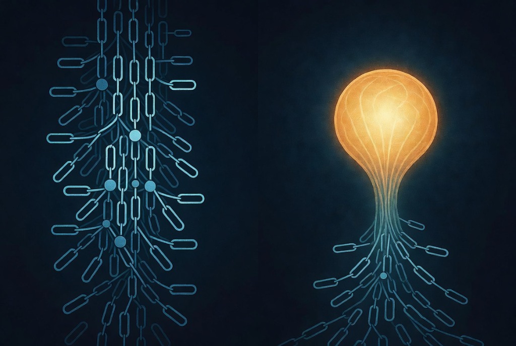 Artsy comparative diagram contrasting traditional SEO link lists with a single direct AI answer orb