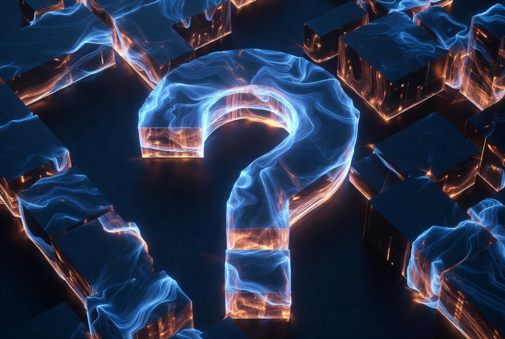 Artsy glowing structure of blocks forming a question mark representation of FAQ schemas