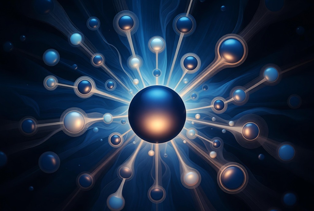 Artsy visualization of content clusters with a glowing core hub connected to outlying topic spokes